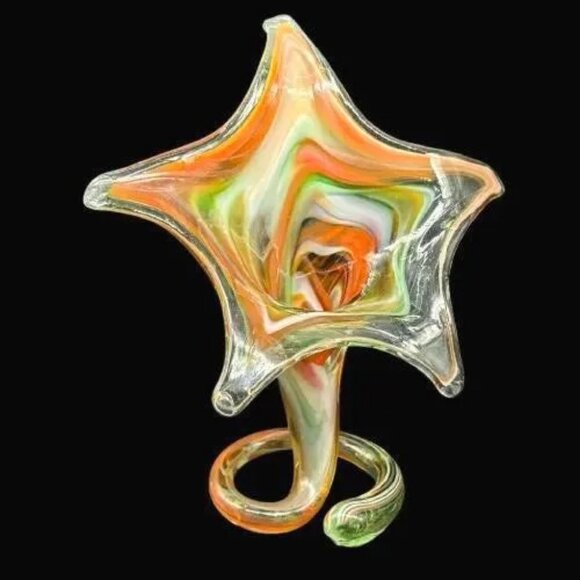 Vintage MCM Hand Blown Art Glass Green Orange Trumpet Flower Vase Decor 9 X 8 - Picture 2 of 6